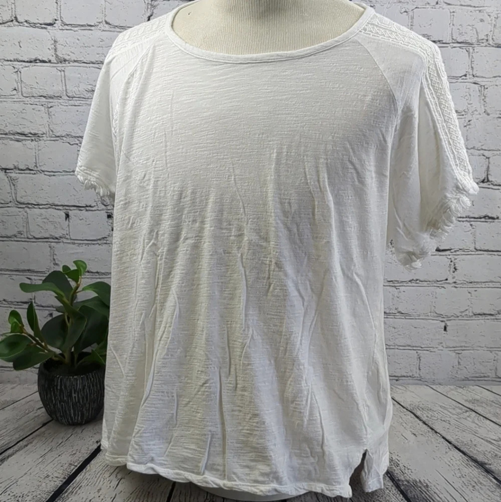 Short sleeved top cream blouse, fringe, XL